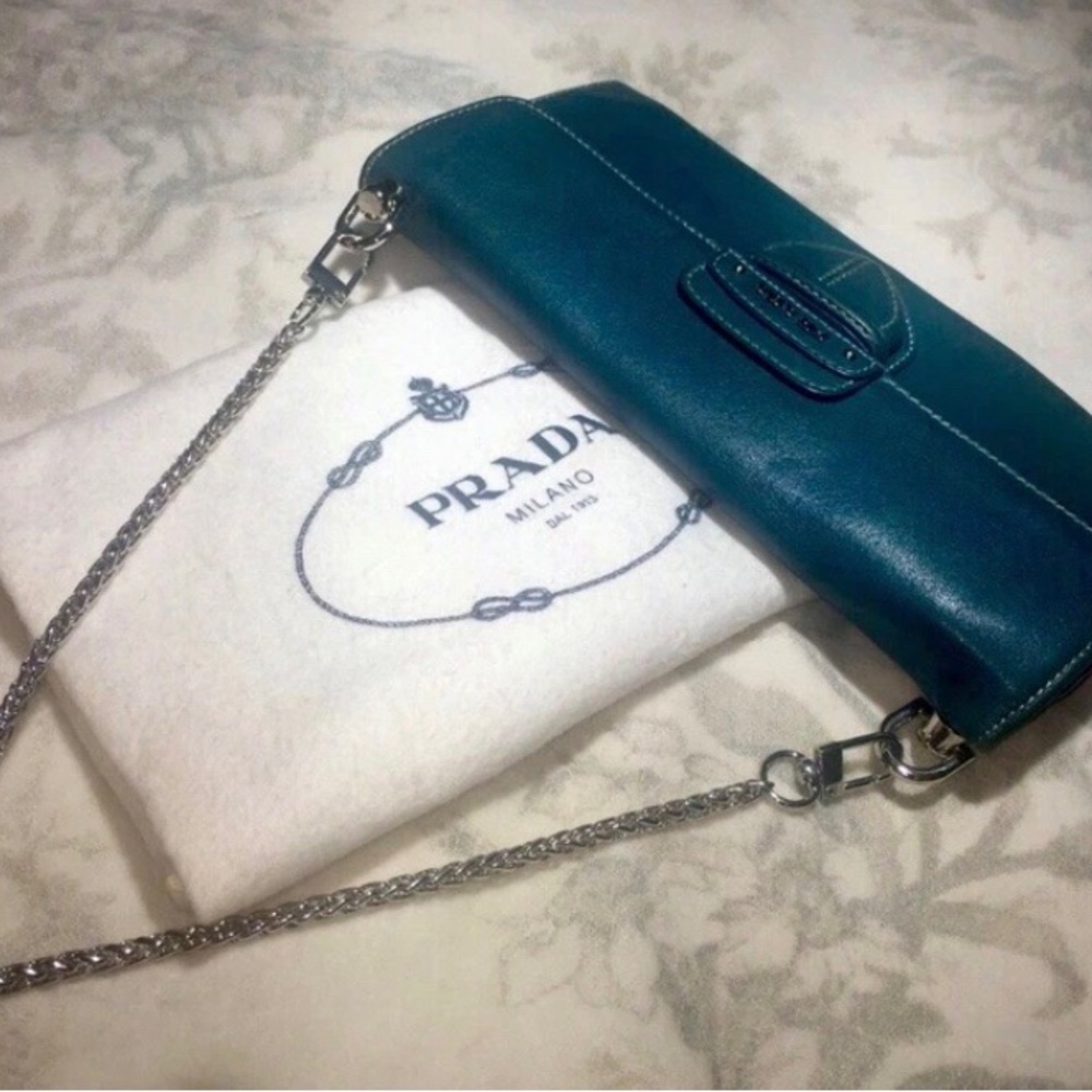 Authentic PRADA Leather Clutch/Wallet w/Dustbag & Custom Chain shoulder strap.